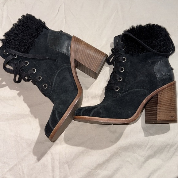 UGG Jaxon Black Suede/Sheepskin Lace Up Heel Boots Womens sz7 - Picture 4 of 4
